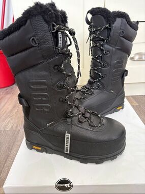 UGG Black Tall Lace-Up Winter Boots with Shearling Collar